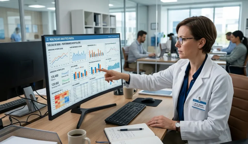Médecin analyste consultant un tableau de bord de données hospitalières sur un grand écran dans un bureau médical moderne.
marketing digital clinique privée Maroc