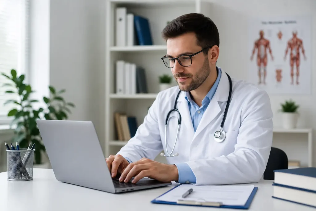 Médecin travaillant sur un ordinateur portable dans un cabinet médical lumineux et moderne.