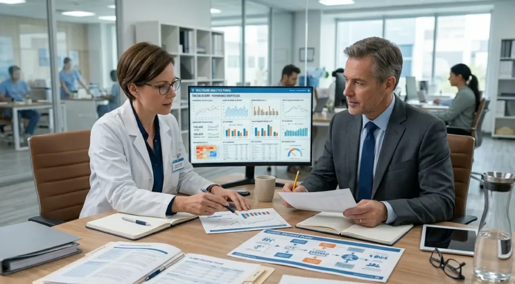 Médecin et cadre hospitalier analysant des rapports et indicateurs de performance médicale dans une salle de réunion moderne.
marketing digital clinique privée Maroc
