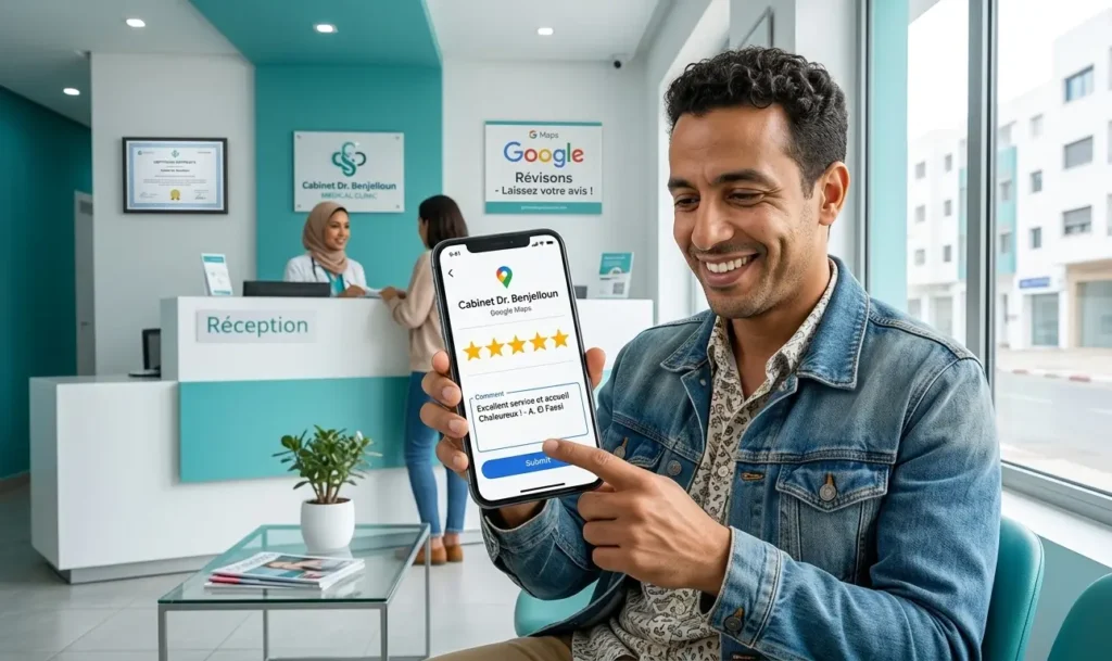 gestion réputation en ligne médecin Maroc — patient laissant un avis Google