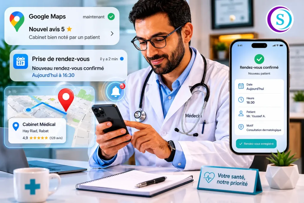 Médecin utilisant une application mobile de prise de rendez-vous avec notifications Google Maps et avis patients dans un cabinet médical moderne.
webmarketing cabinets médicaux Maroc