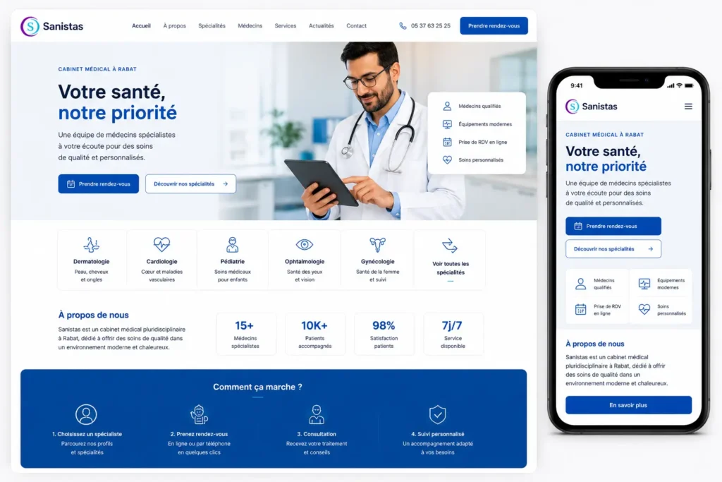 Interface responsive d’un site web de cabinet médical affichée sur ordinateur et smartphone avec prise de rendez-vous en ligne et spécialités médicales.