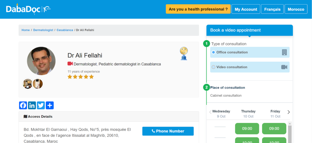 Capture d'écran du profil du Dr. Ali Fellahi sur DabaDoc, présentant ses spécialités, disponibilités et avis des patients.
