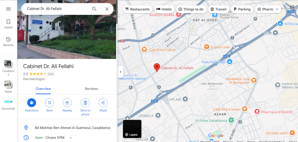 Localisation du cabinet du dermatologue sur une carte de Casablanca
