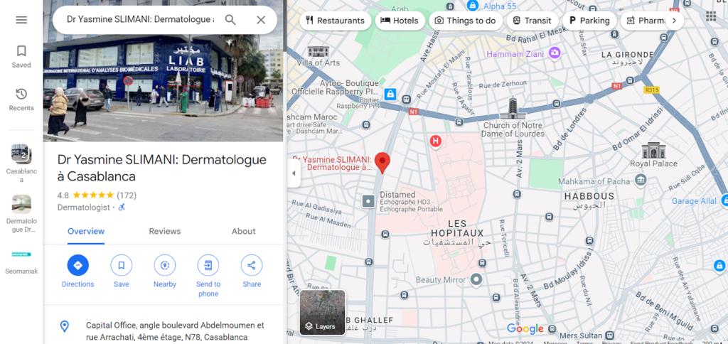 Localisation du cabinet du dermatologue sur une carte de Casablanca