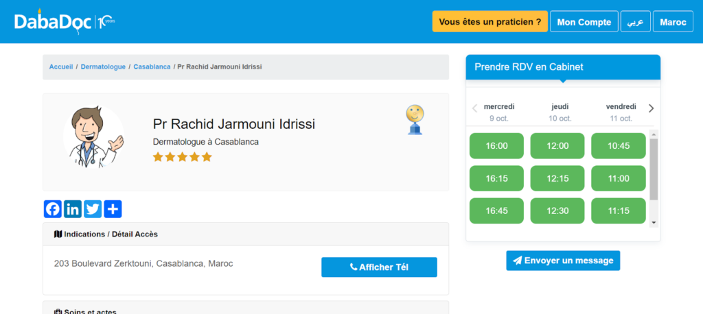 Capture d'écran du profil du Dr. Rachid Jarmouni Idrissi sur DabaDoc, présentant ses spécialités, disponibilités et avis des patients.
