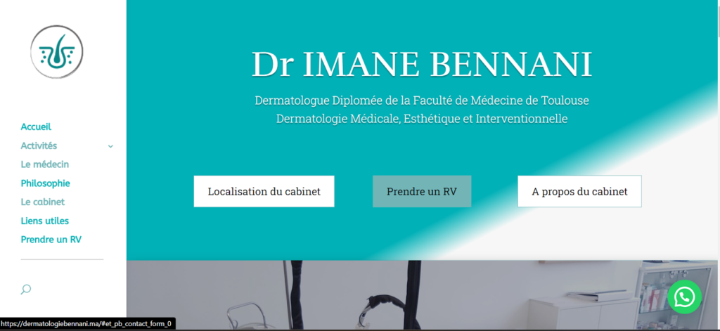 Capture d'écran du site web du Dr. IMANE BENNANI
, dermatologue, affichant ses services, conseils en soins de la peau et informations de contact.