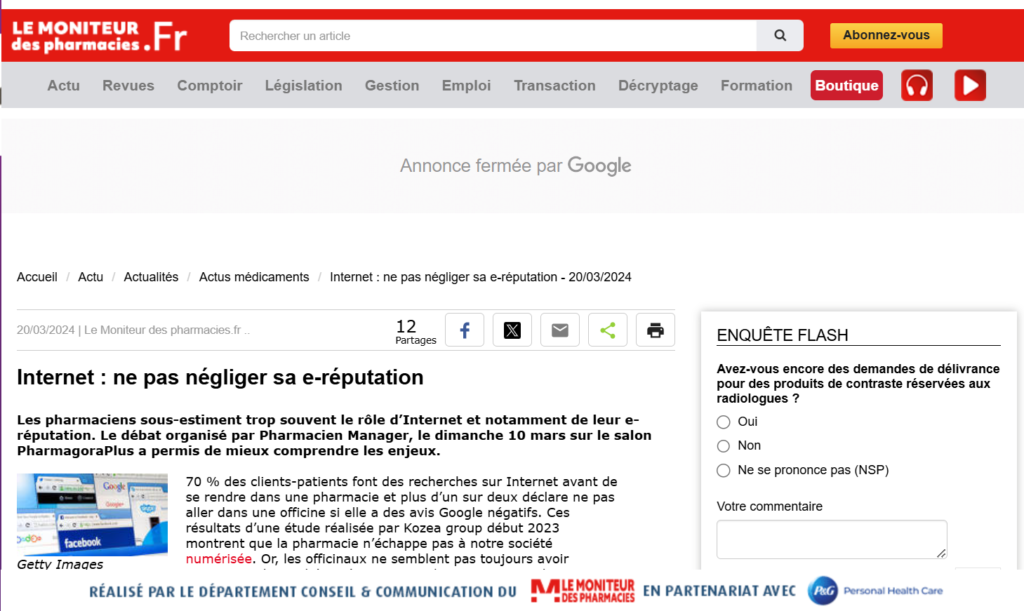 le moniteur  des pharmacies en ligne : ne pas négliger  sa e-réputation 