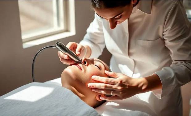 Un dermatologue marocain effectuant un traitement laser facial sur un patient dans une clinique technologique à Rabat avec des équipements médicaux avancés