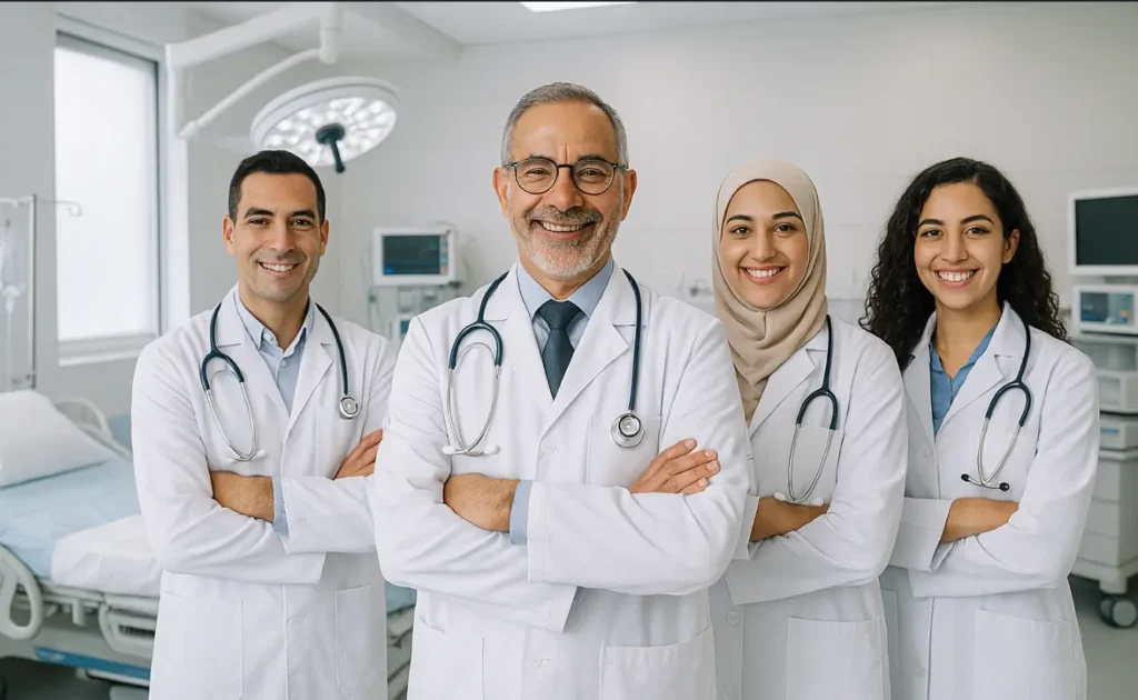 Équipe de médecins et professionnels de santé dans l’une des meilleures cliniques du Maroc, offrant des soins médicaux de qualité dans un environnement moderne.