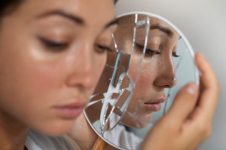 Femme regardant son reflet dans un miroir, le visage marqué par une imperfection cutanée