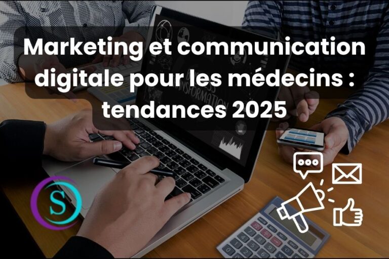 Ordinateur affichant des outils de marketing digital médical, avec le logo de Sanistas et une icône de marketing.