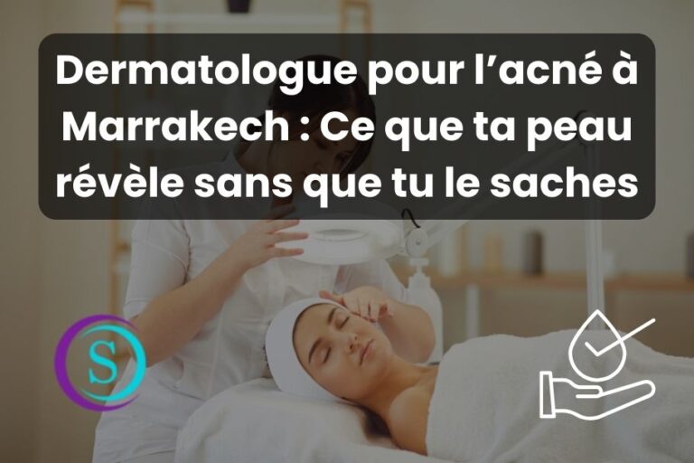 Dermatologue pour l’acné à Marrakech examinant une patiente dans un cabinet, avec logo Sanistas et icône de dermatologie