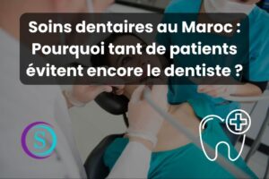 Dentiste examinant les dents d’une patiente dans un cabinet moderne au Maroc avec logo de sanistas