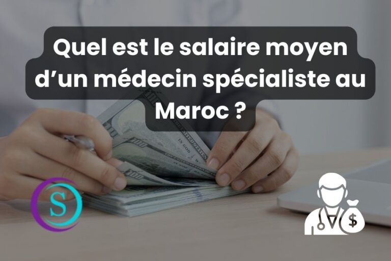 image illustrant le salaire moyen d’un médecin spécialiste au Maroc, avec le logo de Sanistas, une icône de médecin et une icône représentant de l’argent.