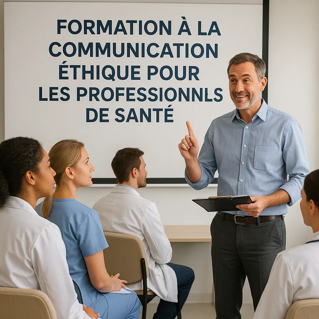 Groupe de soignants en formation, avec un intervenant présentant les bonnes pratiques en communication.