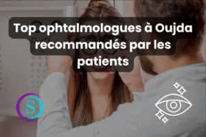Jeune femme en consultation ophtalmologique avec logo Sanistas et icône ophtalmologue