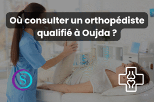 Orthopédiste à Oujda examinant la jambe d'une patiente, spécialiste des douleurs articulaires et osseuses, avec logo Sanistas et icône médicale d’orthopédie