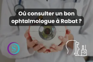 Ophtalmologue à Rabat tenant un œil ou examinant un patient, spécialiste de la vision, avec logo Sanistas et icône médicale d’ophtalmologie