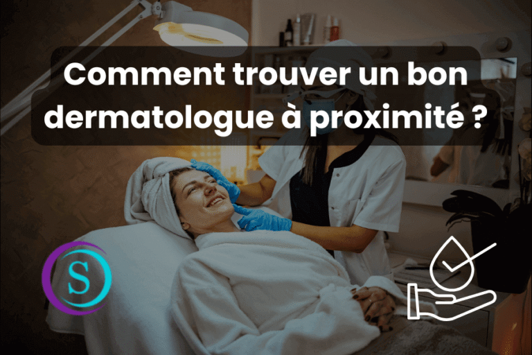 Une femme en consultation chez un dermatologue, avec un examen de sa peau. Le logo de Sanitas et une icône de dermatologie