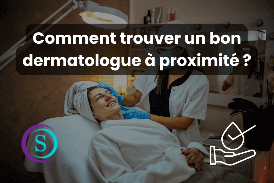 Une femme en consultation chez un dermatologue, avec un examen de sa peau. Le logo de Sanitas et une icône de dermatologie