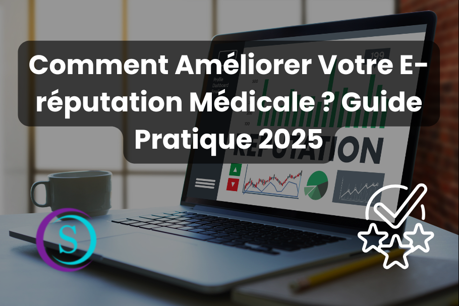 Médecin consultant sa e-réputation sur un ordinateur avec logo Sanistas