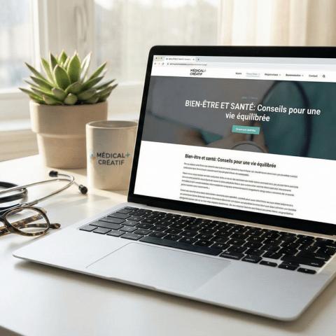 Espace de travail moderne avec un ordinateur portable affichant la rédaction d'un article de blog médical et santé.