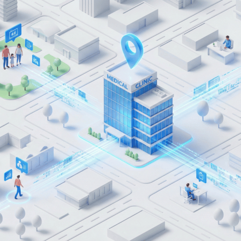 Illustration marketing montrant un ciblage géographique local sur une carte pour attirer des patients vers un cabinet médical.