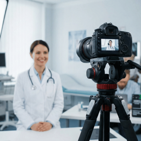 Caméra professionnelle et équipement d'éclairage en pleine séance de tournage vidéo dans un cabinet médical.