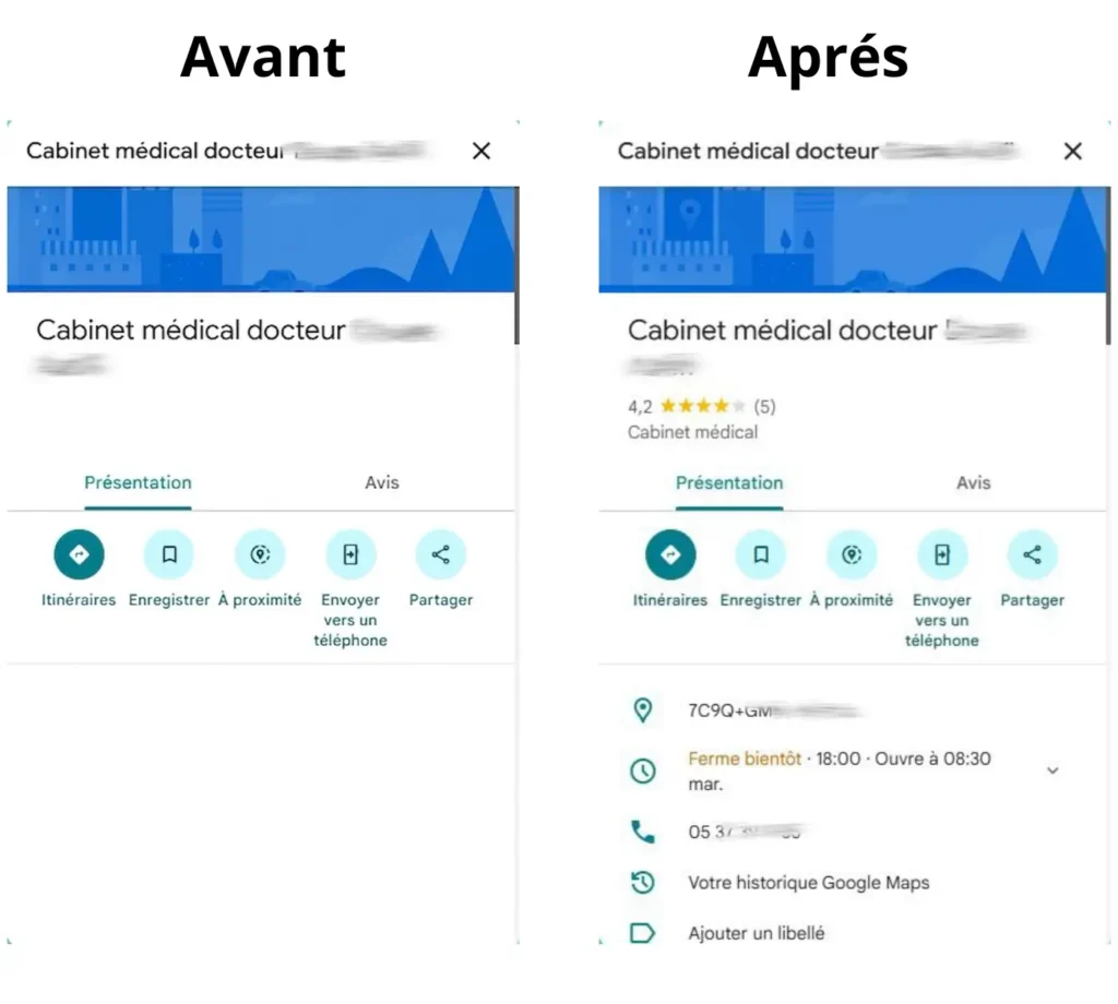cabinet médical invisible Google : fiche établissement absente sur Google Maps, exemple : cabinet dermatologie
