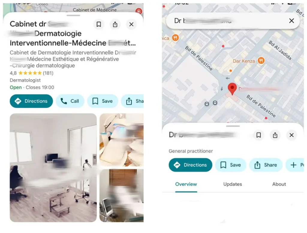 cabinet médical invisible Google fiche établissement non visible sur Google Maps exemple dermatologue