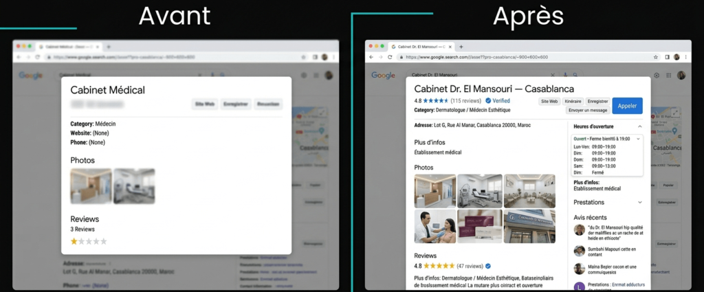 Comparaison fiche Google avant après optimisation