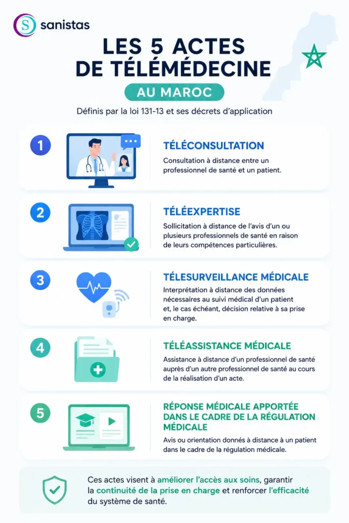 Infographie présentant les actes médicaux à distance définis par la loi 131-13 : téléconsultation, téléexpertise, télésurveillance médicale, téléassistance médicale et régulation médicale.