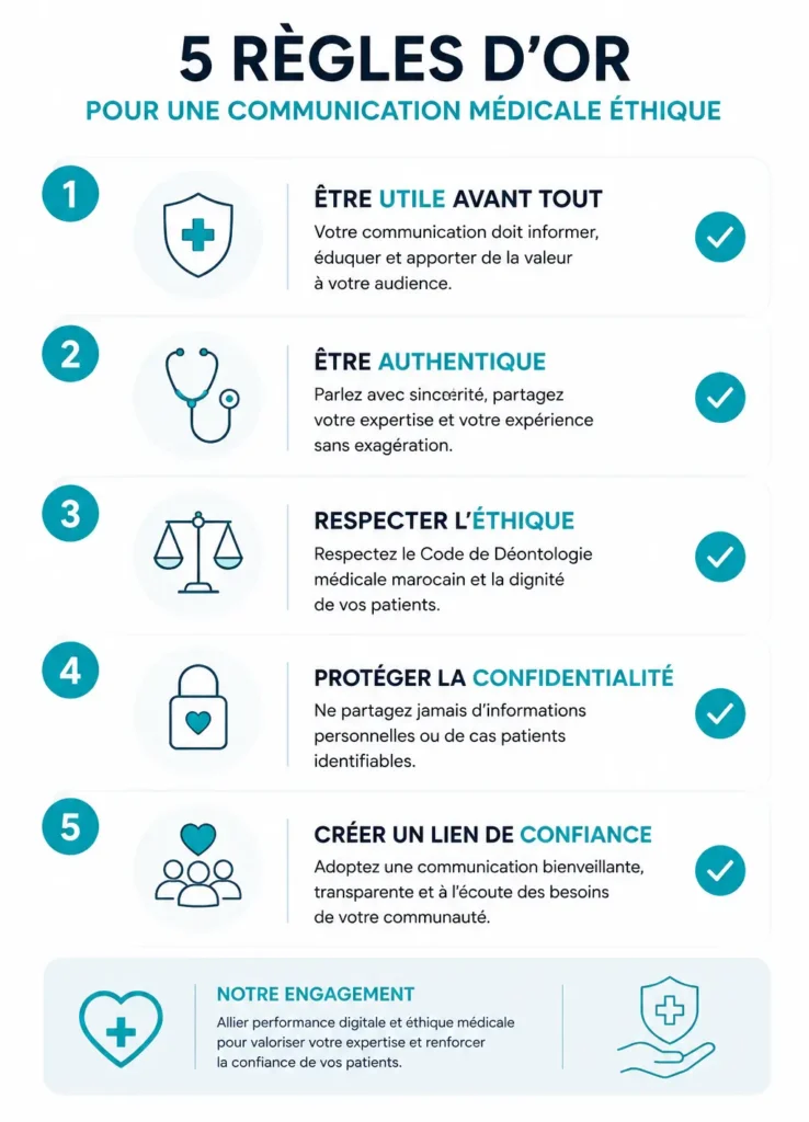 Checklist visuelle des 5 règles d’or pour une communication médicale éthique avec icônes médicales, fond blanc et accents cyan selon la charte graphique Sanistas.