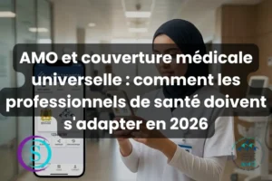 AMO et couverture médicale universelle au Maroc : professionnelle de santé utilisant l’application CNSS sur smartphone en 2026