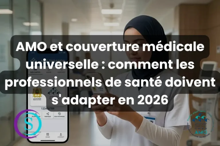 AMO et couverture médicale universelle au Maroc : professionnelle de santé utilisant l’application CNSS sur smartphone en 2026