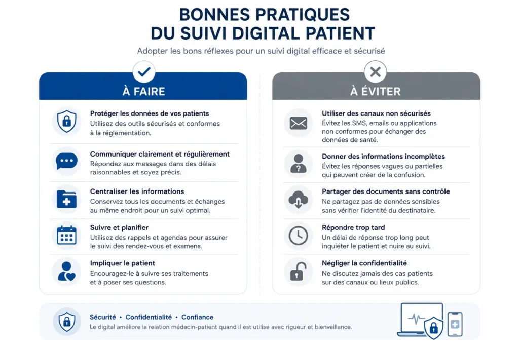 Infographie suivi maladies chroniques présentant les bonnes pratiques du suivi digital patient avec les actions à faire et à éviter pour garantir un suivi médical sécurisé et efficace.
