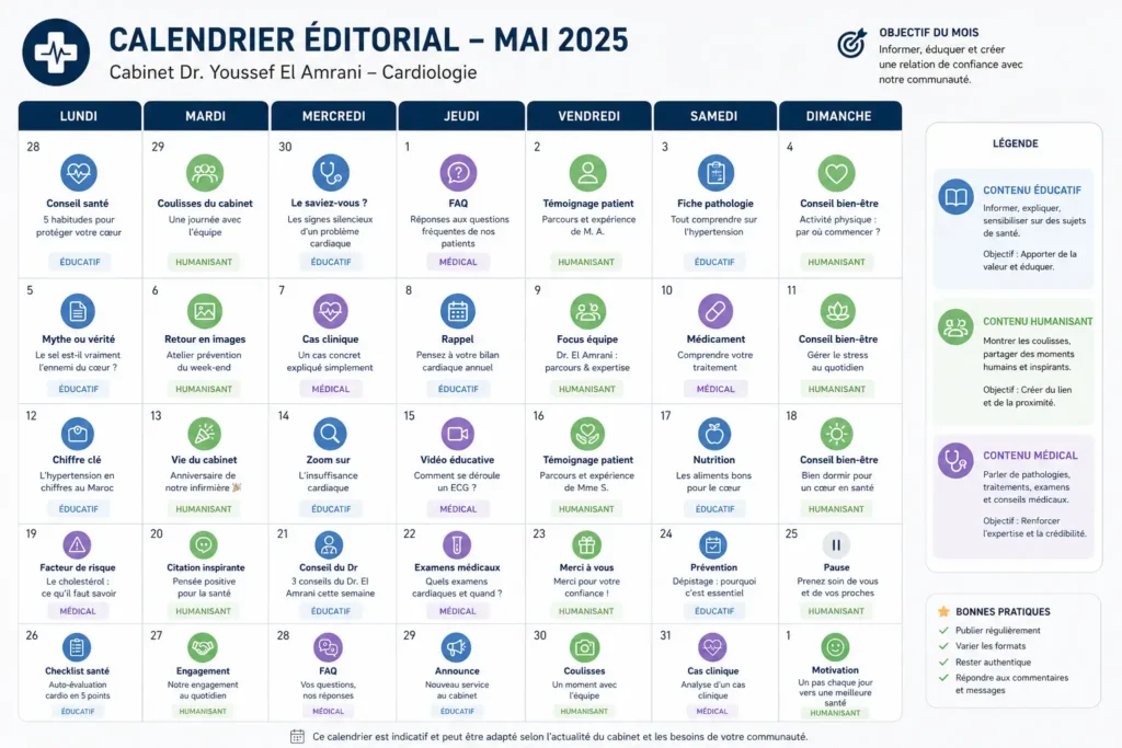 Exemple de calendrier éditorial mensuel pour un cabinet médical avec planification de contenus éducatifs, humanisants et médicaux classés par couleurs.