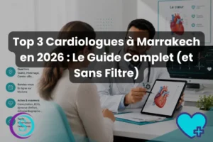 Cardiologue en consultation avec une patiente à Marrakech analysant un schéma du cœur sur une tablette dans un cabinet médical moderne.