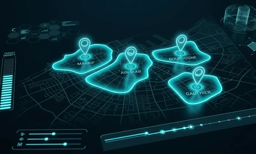 Carte digitale futuriste de Casablanca mettant en avant plusieurs zones médicales locales avec marqueurs de géolocalisation pour le référencement local des cabinets médicaux.