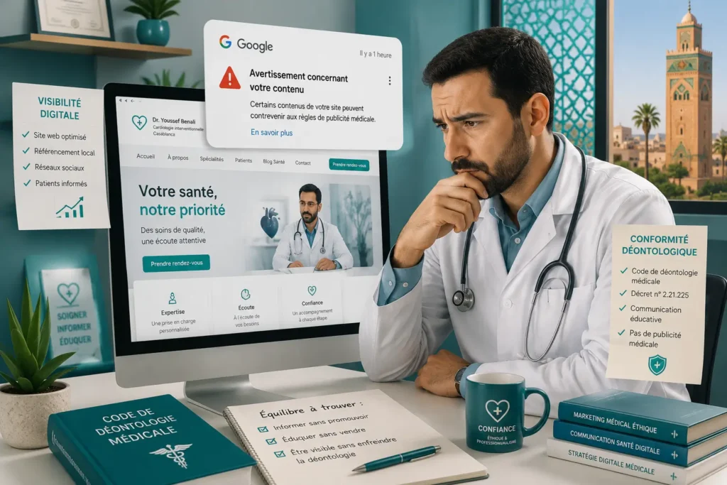 Médecin dans un cabinet moderne analysant la conformité déontologique de sa communication digitale médicale sur ordinateur avec alerte Google et éléments de marketing médical éthique.