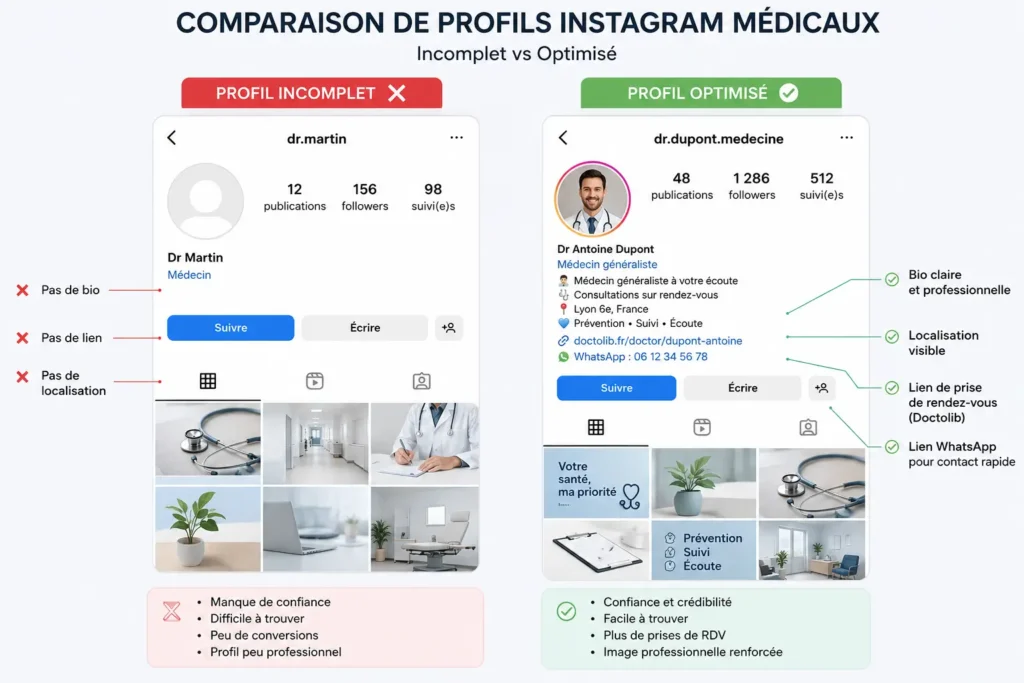 Comparaison entre un profil Instagram médical incomplet sans bio ni lien et un profil optimisé avec bio professionnelle, localisation visible et lien Doctolib/WhatsApp.
