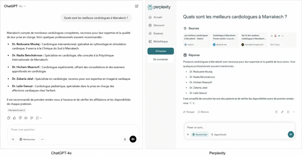 Comparaison entre ChatGPT et Perplexity sur la recherche des meilleurs cardiologues à Marrakech
