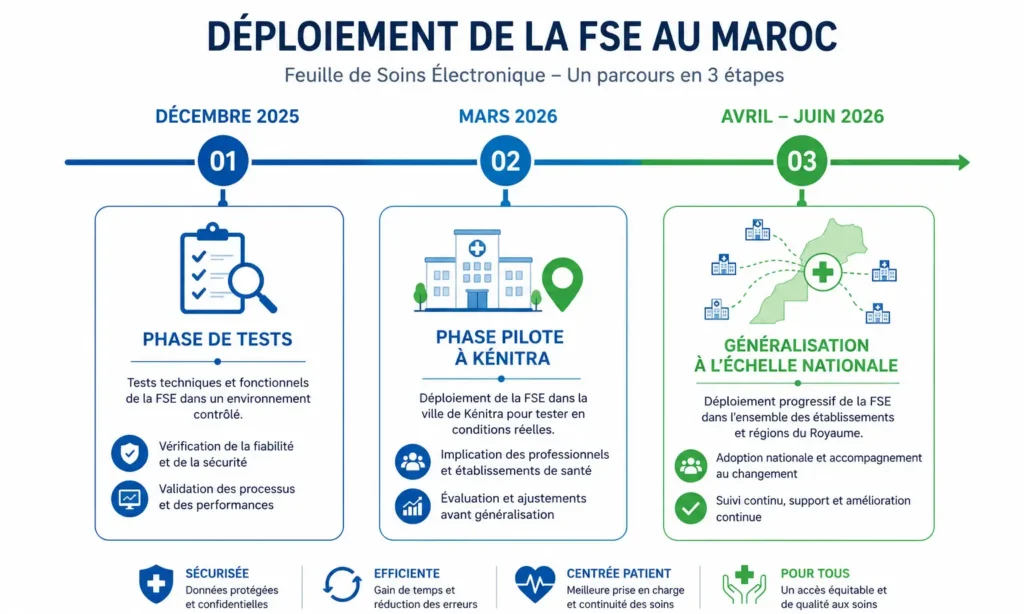 Infographie du déploiement de la feuille de soins électronique FSE au Maroc présentant les phases de tests, pilote à Kénitra et généralisation nationale en 2026.