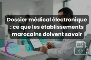 Médecin utilisant un dossier médical électronique sur ordinateur dans un établissement de santé au Maroc