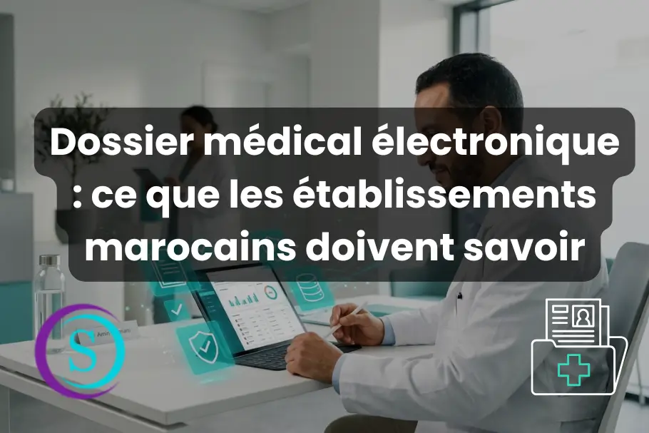 Médecin utilisant un dossier médical électronique sur ordinateur dans un établissement de santé au Maroc