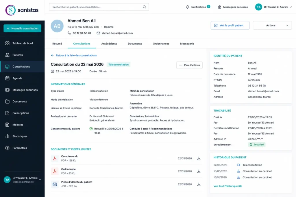 interface dossier patient consultation médicale avec informations patient, ordonnance, documents médicaux et historique des consultations.