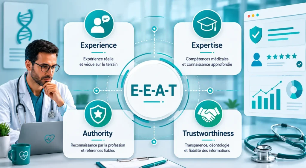 Infographie médicale expliquant les critères Google Experience, Expertise, Authority et Trustworthiness