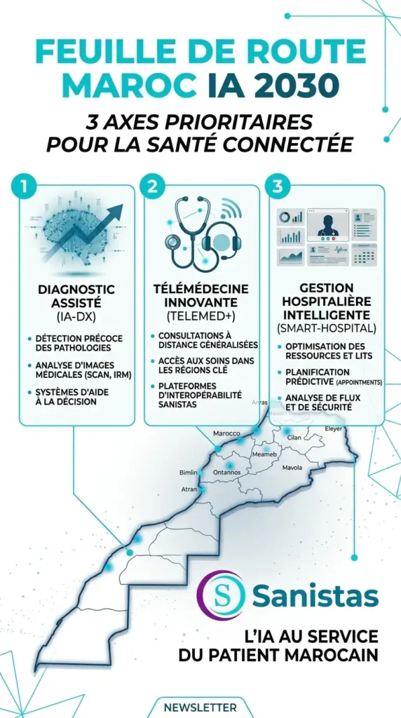 Infographie Sanistas sur la feuille de route Maroc IA 2030 présentant trois axes prioritaires pour la santé connectée : diagnostic assisté, télémédecine innovante et gestion hospitalière intelligente.