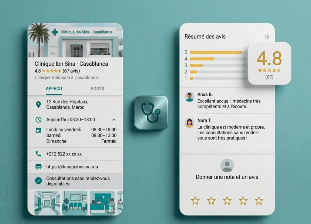 Fiche Google Business Profile d’une clinique à Casablanca avec avis patients et note 4,8 illustrant l’e-réputation médicale